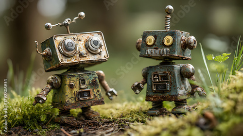 Two rusty tin robots standing in mossy forest vintage metal