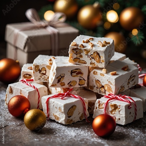 Pila de turrones de almendra atados con lazo rojo junto a regalos y bolas doradas — bodegón festivo de Navidad