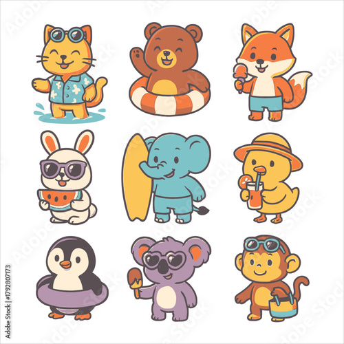 Adorable Cartoon Animals Enjoying Summer Activities with Sunglasses and Accessories.