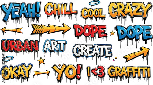 Illustration of graffiti elements collection of urban art design with lettering, arrows, and stars cool, crazy, dope, create, okay, and graffiti words