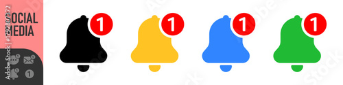 Set of notification icons for email, bell, and chat message with red alert or notification badge (number one). Perfect for new messages, alerts, and updates, social media, communication icons