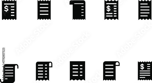 Collection of black and white receipt icons isolated on white background