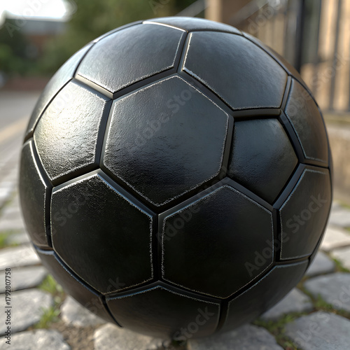 Close up of a black soccer ball with hexagonal panels resting on a cobblestone surface outdoors