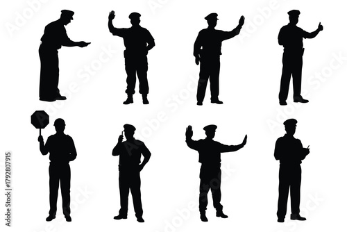 Set of Police Officer Silhouettes Giving Commands, Traffic Cop and Patrolman Figures 