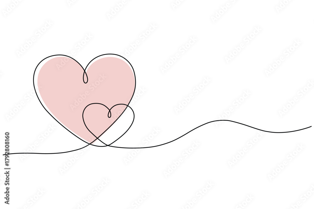 Fototapeta premium Continuous line art drawing of two hearts, one pink, symbolizing love and connection