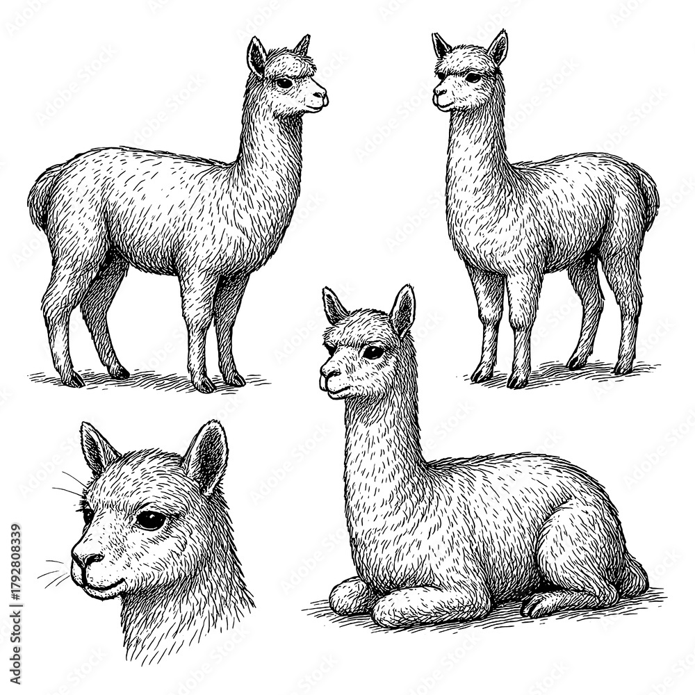 Obraz premium Alpaca sketches in realistic vintage engraving style with standing and sitting poses, Transparent Background