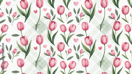 Delicate pink tulips and hearts seamless pattern design great for springtime celebrations and feminine designs backgrounds and fabrics