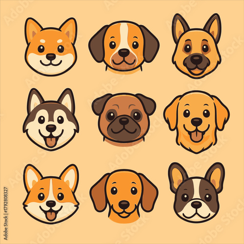 Cartoon dog faces Shiba Inu Beagle German Shepherd Husky Pug Golden Retriever Corgi Labrador Bulldog.
