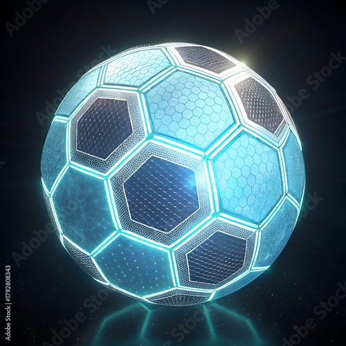 A futuristic soccer ball with glowing blue lines and hexagonal patterns on a dark background art