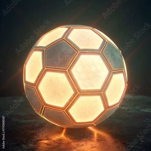 Illuminated soccer ball with hexagonal and pentagonal panels on a dark reflective surface