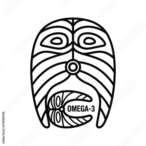 Stylized salmon fillet with omega3 label, ideal for nutrition and health content