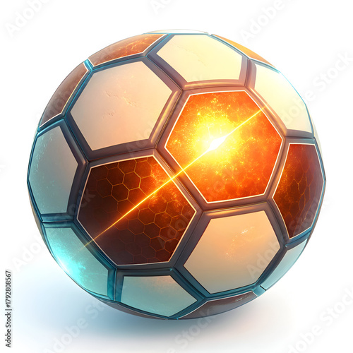 A close up view of a soccer ball with an orange glow emanating from its center on white background
