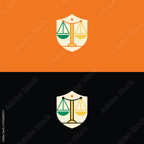 A simple and elegant logo featuring scales of justice inside a shield, symbolizing law, balance, and fairness