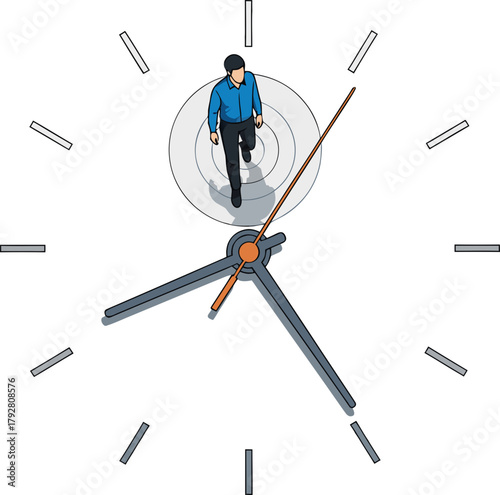A man walks around a clock face, symbolizing the race against time, constant retraining, and continuous movement. The concept of the "eternal student" and time management.