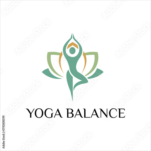 Yoga Balance Logo Design .Vector Symbol of Meditation, Wellness, Harmony, and Health with Human Silhouette and Lotus Flower for Spa, Yoga Studio, or Natural Therapy Brand