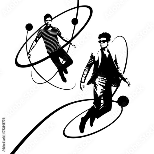 Friends Floating Mid-Air Surrounded by Orbiting Circles, Bold Black Line Illustration, Minimalist Abstract Composition