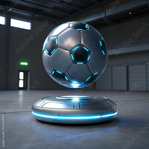 A futuristic soccer ball levitating above a circular platform in a modern indoor environment