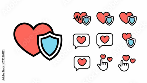 Heart Icons Set with Shields and Speech Bubbles Representing Protection and Affection in Digital Communication