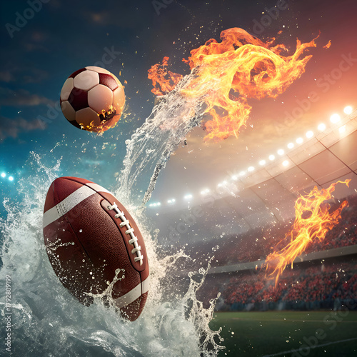 A dynamic scene featuring a football, soccer ball, water splashes, and flames in a stadium setting