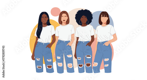 Diverse group of women standing together in ripped jeans and white t-shirts.