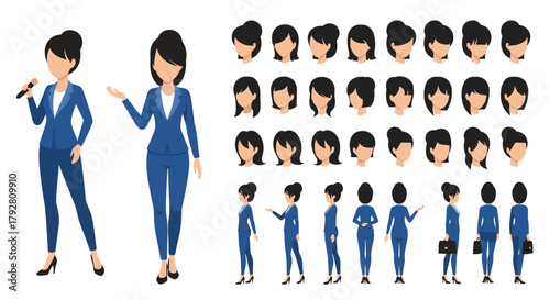 Collection of businesswomen illustrations in blue suits showing various poses and hairstyles.