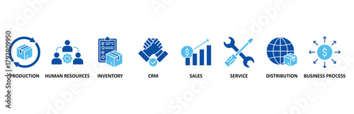 Enterprise resource planning icon set In Blue Style vector illustration for production, human resources, inventory, crm, sales, service, distribution, business process