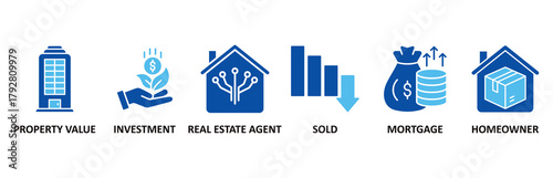 Real estate icon set In Blue Style vector illustration for property value, investment, real estate agent, sold, mortgage and homeowner