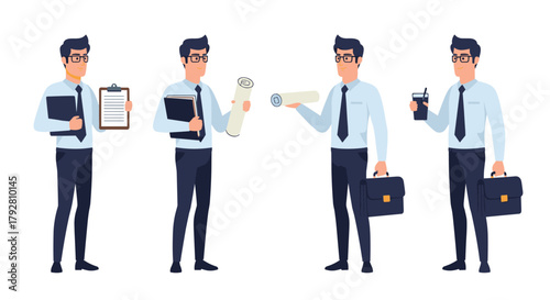 Four business professionals in suits and ties holding various documents and accessories.