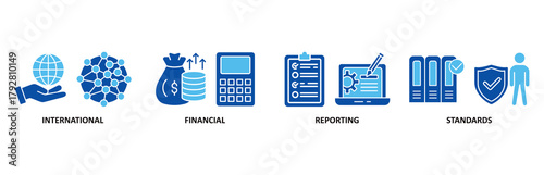 Ifrs icon set In Blue Style vector illustration for international financial reporting standards with icon of global, network, money, documents, books, and writing