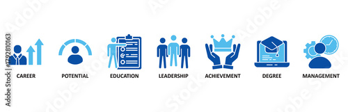 MBA icon set In Blue Style vector illustration for business administration with icon of career, potential, education, leadership, achievement, degree and management.