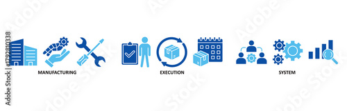 MES icon set In Blue Style vector illustration for manufacturing execution system with icon of factory, service, automation, operation, production, distribution, management, structure, and analysis