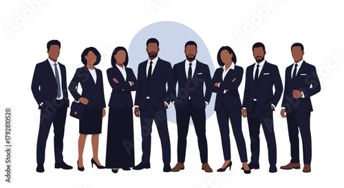 Diverse group of business professionals dressed in suits standing together.