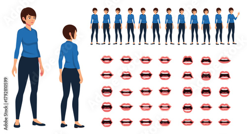 Set of a young woman character with multiple poses and lip sync animations for digital use.