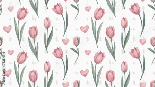 Seamless Floral Pattern with Pink Tulips and Hearts Romantic Design for Fabric Textile or Wallpaper Elegant Spring Background