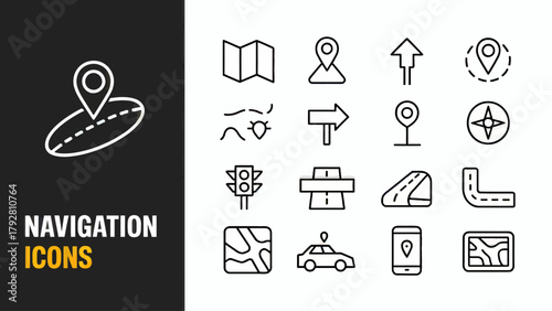 Set of Minimalist Navigation Icons for Maps and Directions representing modern navigation technology and geographic exploration