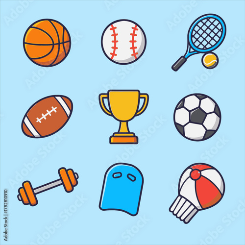 Cartoon Sports Equipment Basketball Baseball Tennis Football Trophy Soccer Dumbbell Goggles Beachball.
