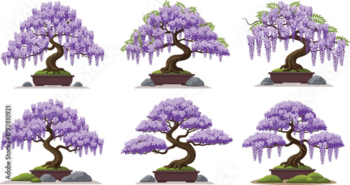 Beautiful Purple Wisteria Bonsai Trees in Pots, Blooming Floral Decoration, Nature Botanical Art, Elegant Garden Design