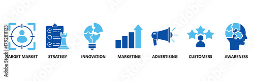 Brand icon set In Blue Style vector illustration for target market, strategy, innovation, marketing, advertising, customers, and awareness