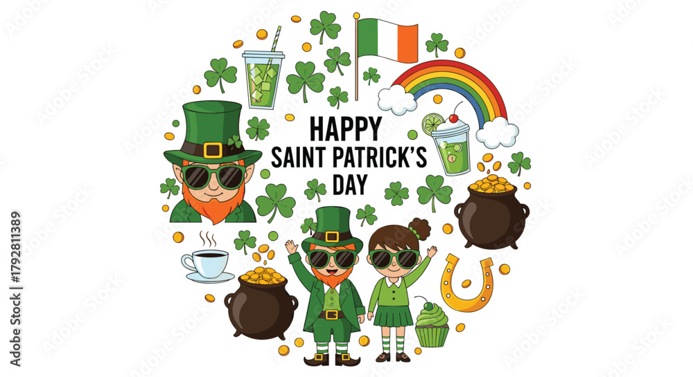 Fototapeta premium Happy Saint Patrick's Day illustration with leprechauns, shamrocks, pots of gold, and a rainbow.
