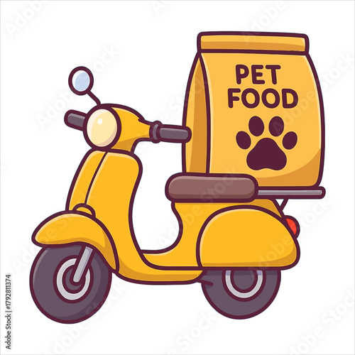 Cartoon yellow scooter delivering pet food with a paw print on the bag.