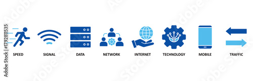 5G icon set In Blue Style vector illustration for speed, signal, data, network, internet, technology, mobile and traffic