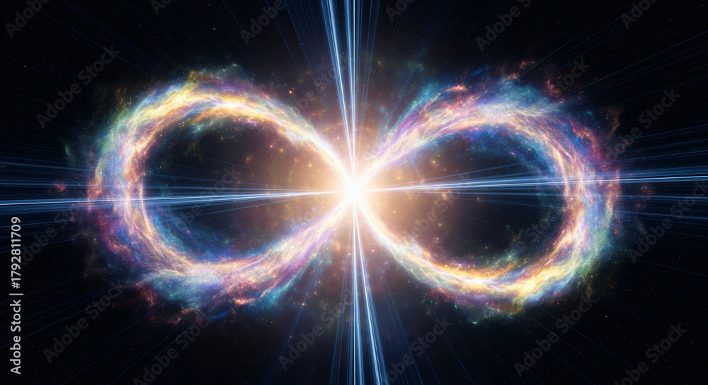 Fototapeta premium Nebula Swirling into a Glowing Infinity Loop Symbolizing Eternal Consciousness and Oneness JPG