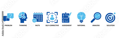 Critical thinking icon set In Blue Style vector illustration for identification, biases, relevance, curiosity, research, inference, process, rationality