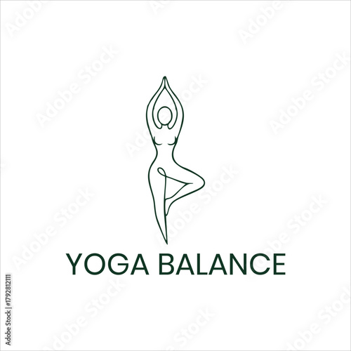 Minimalist yoga balance logo design featuring a woman in tree pose symbolizing wellness meditation harmony health fitness relaxation and mindfulness lifestyle concept