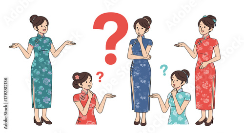 Women in traditional Chinese dresses pondering with question marks around them.