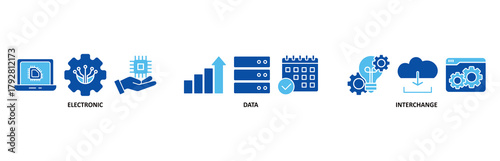 EDI icon set In Blue Style vector illustration for electronic data interchange of business documents standard format with a cloud server, exchange, database, file, chart, automation, and process icon