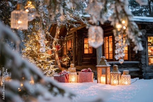 Cozy illuminated lanterns and wrapped presents decorate a snowy scene outside a wooden cabin during wintertime