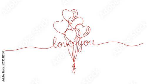 A continuous single line drawing of heart-shaped balloons with the words 'love you' written on them. It's all about Valentine's Day!
