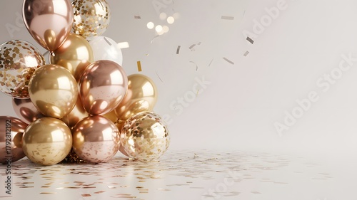 Sparkling rose gold and gold balloons with confetti for celebrations and festive events
