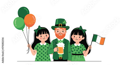 Leprechaun with two girls holding balloons and an Irish flag, celebrating St. Patrick's Day.
